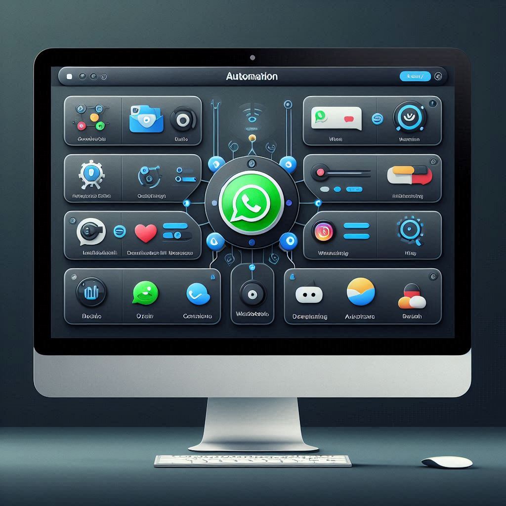 WhatsApp automation interface showing automatic message options, workflows, and reply features for business users.