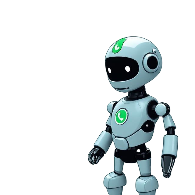 WhatsApp chatbot robot mascot standing with WhatsApp logo on chest.
