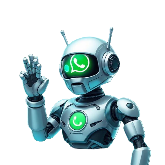 WhatsApp chatbot robot waving with glowing green WhatsApp visor.