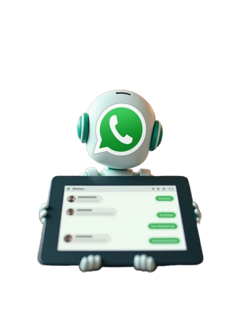 WhatsApp chatbot holding a tablet showing chat conversations.