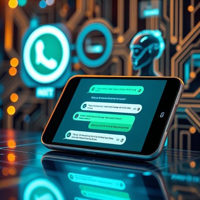 Mobile phone displaying WhatsApp chats with futuristic AI and neon tech background.