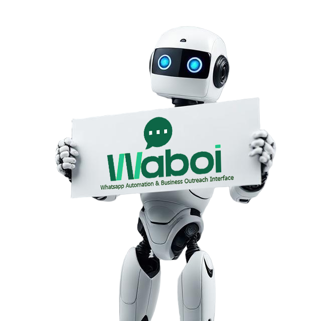 Robot character holding a board with the Waboi logo and branding.