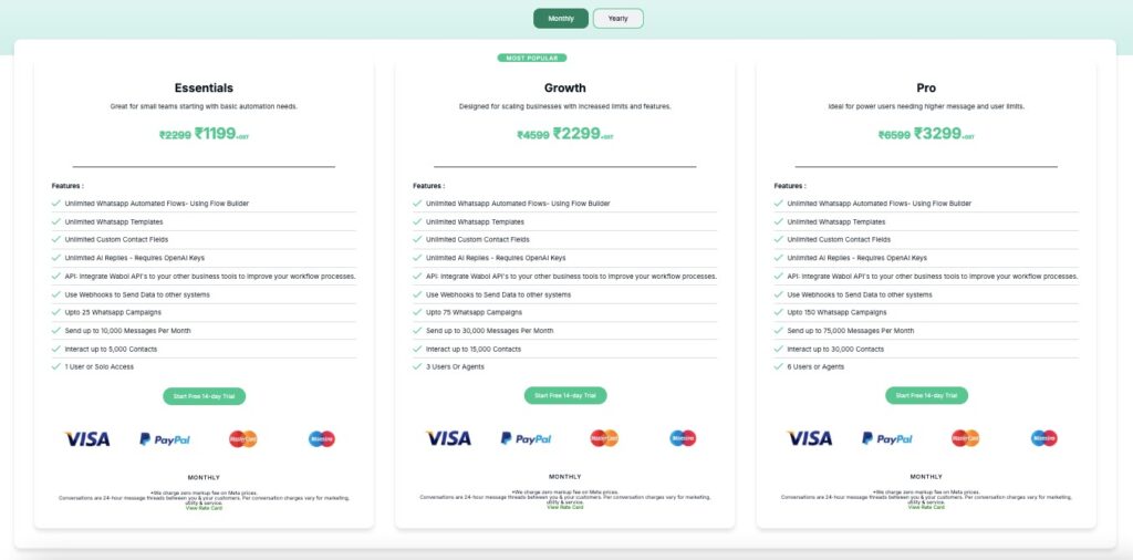 Detailed pricing cards for Waboi's WhatsApp API plans: Essentials, Growth, and Pro, showing original and discounted prices with a checklist of features for each tier.