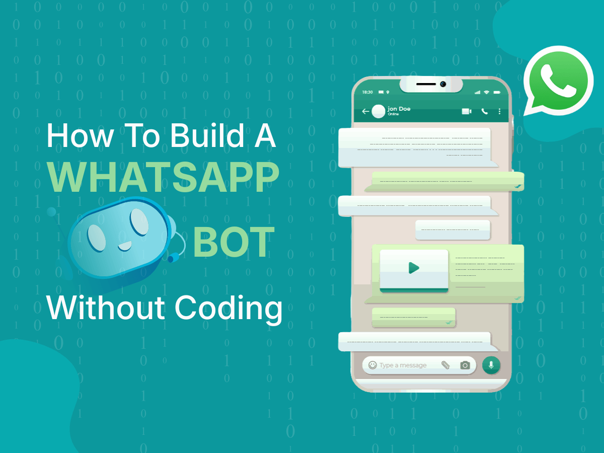 Illustration showing how to build a WhatsApp bot without coding, featuring a chatbot icon and a WhatsApp chat interface on a smartphone.